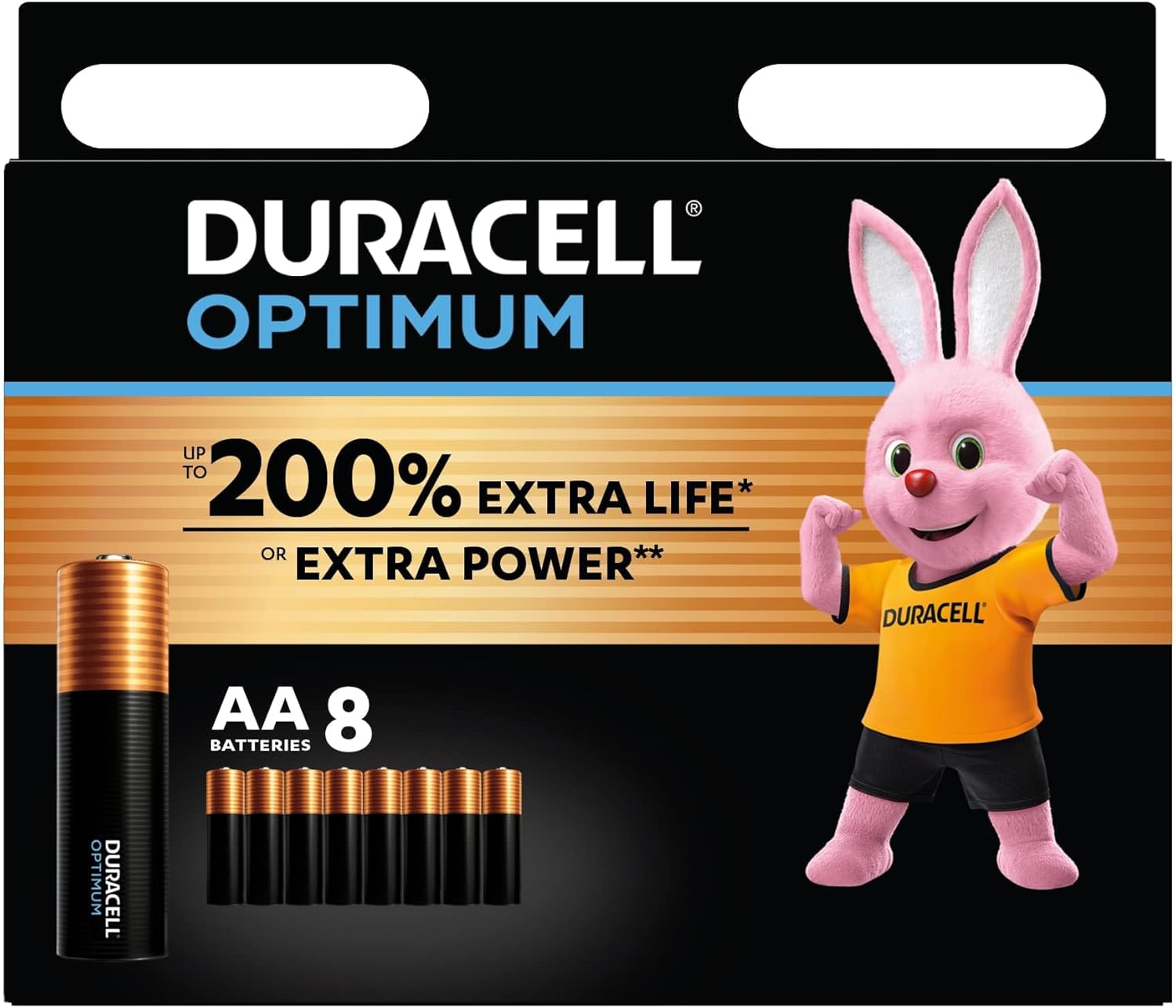 Duracell Optimum AA Batteries (8 pack) - Alkaline Batteries 1.5V - Up To 200% Extra Life or Extra Power - Meets Demands Of Modern Devices - 100% Recyclable, 0% Plastic Packaging - LR6 MX1500-0