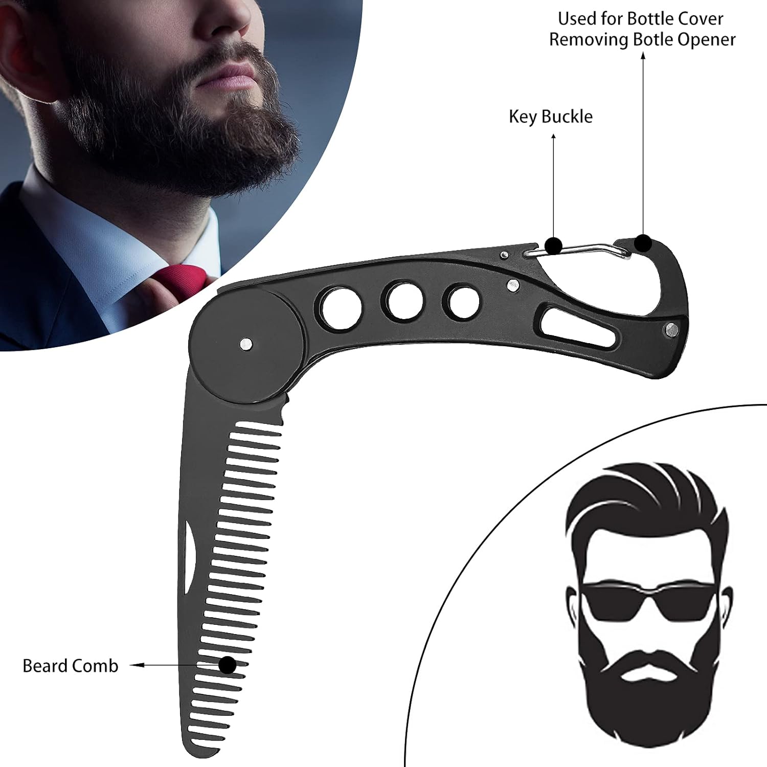 Beard Comb Steel, Folding Beard for Men Grooming & Combing Hair Beards Mustaches, Beard & Mustache Styling Comb Folding Pocket Beard Comb Teeth Beard Comb for Men, Anti-Static, 9.5 * 3 * 1.5 cm-2