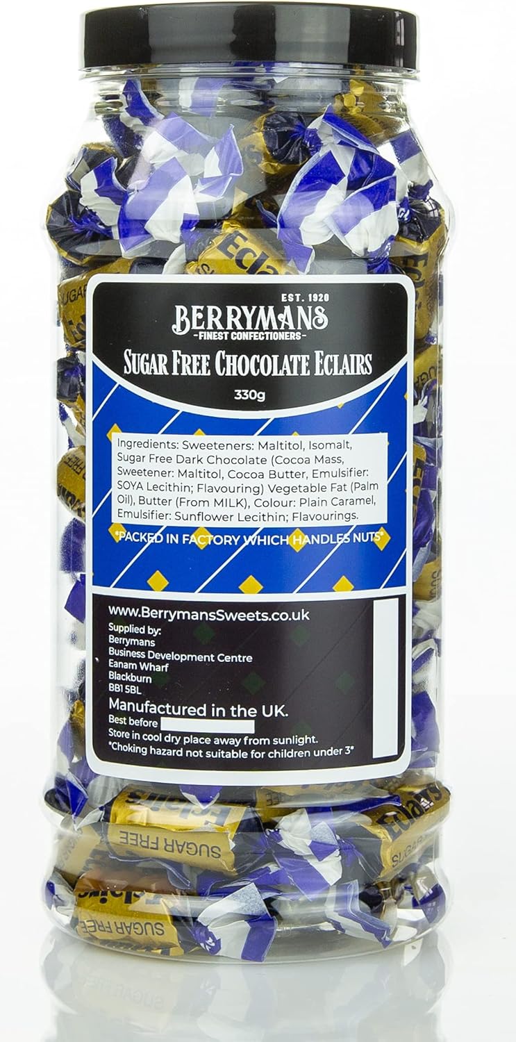 Original Sugar Free Chocolate Eclairs Retro Sweets Gift Jar by Berrymans Sweet Shop - Classic Sweets, Traditional Taste.-1