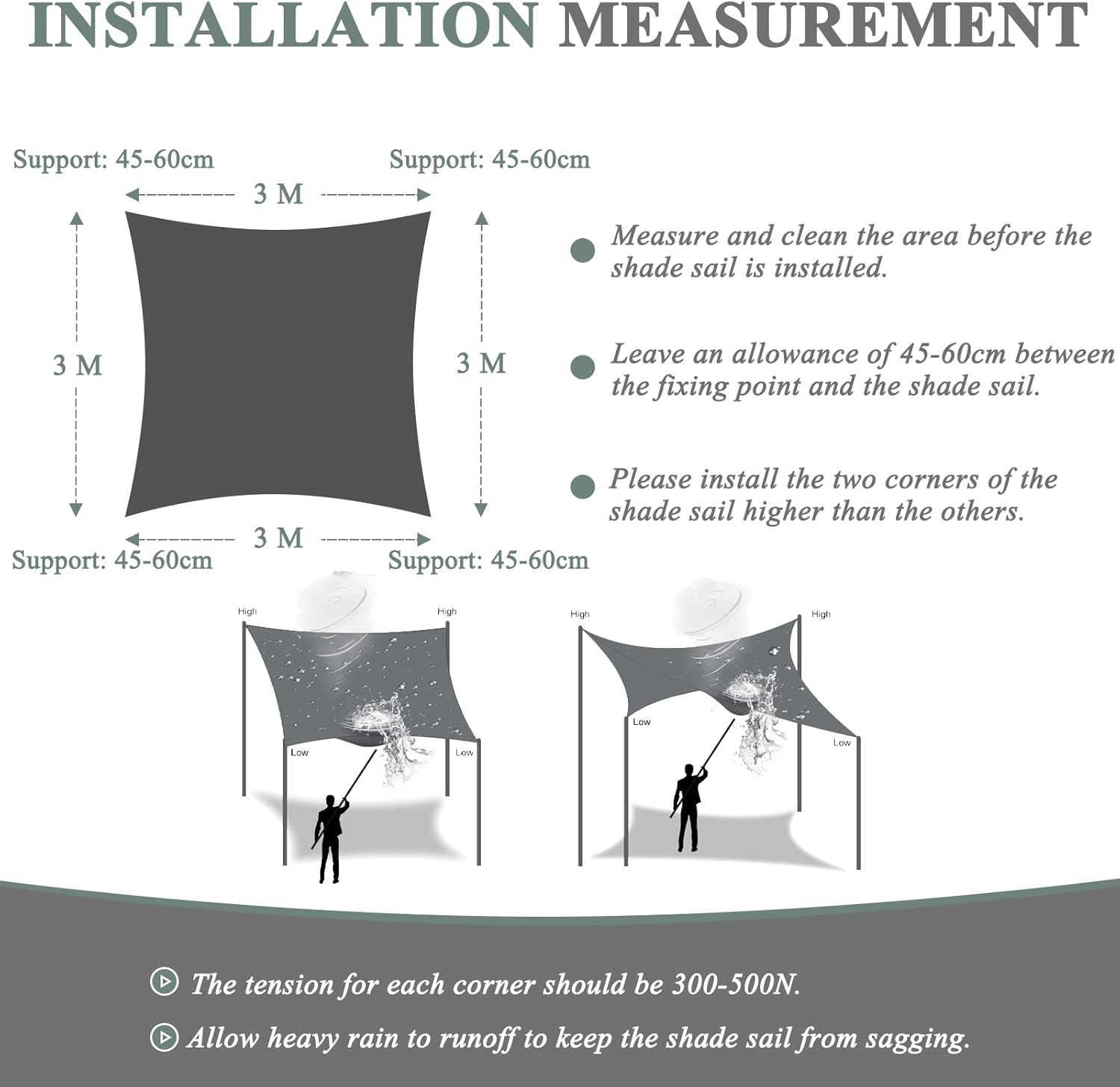 Teynewer Sun Shade Sail Square 3x3m Waterproof Shade Sail for Outdoor Garden Patio Party 98% UV Block Sunscreen Awning Canopy Sunsail with Free Rope, Cream-6