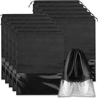 Acehome 10 Pack Large Travel Shoe Bag, Portable Drawstring Shoes Storage Bags Non-Woven Dust Proof Pouch Space Saving Organizer with Transparent Slot for Men Women Daily and Travel Use (Black)