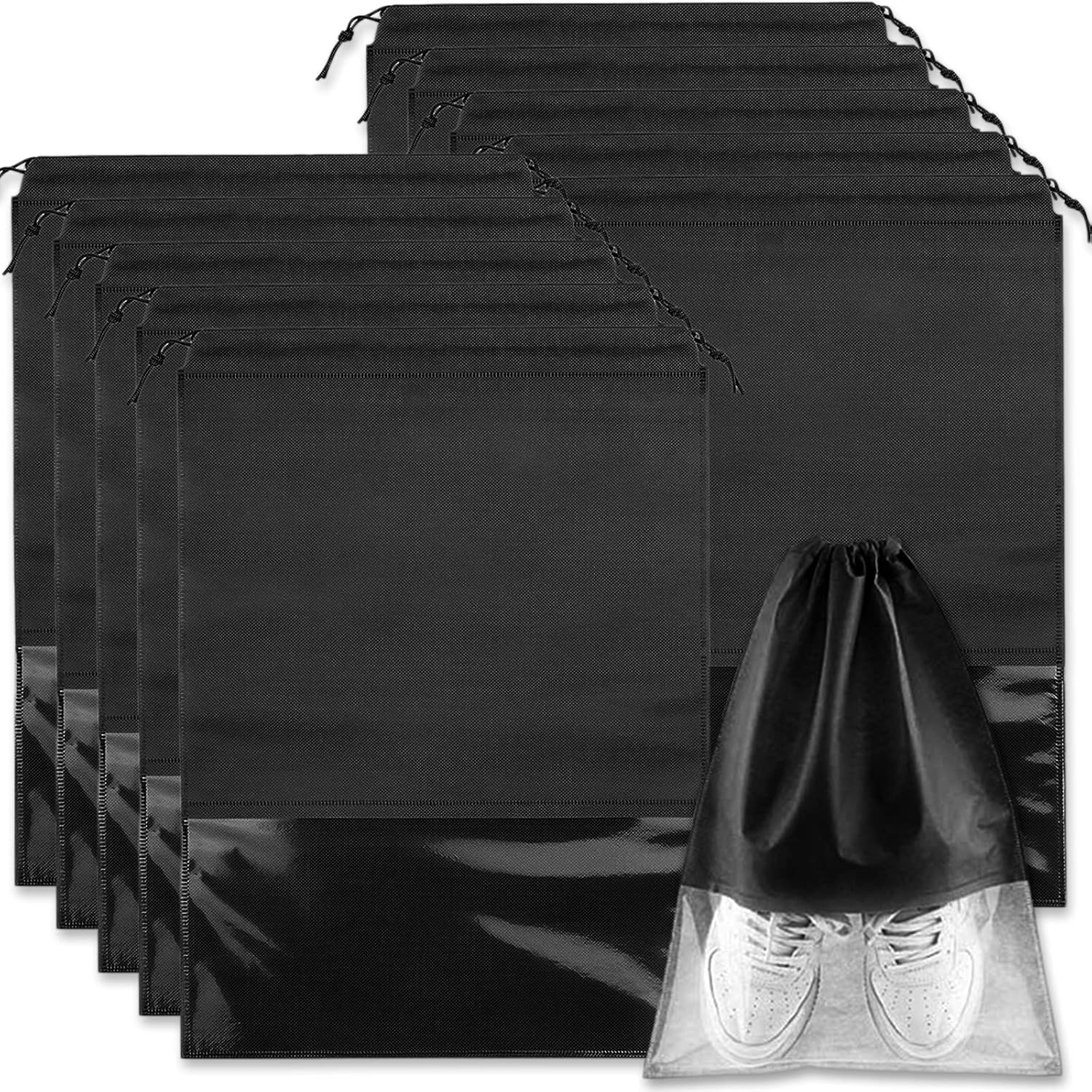 Acehome 10 Pack Large Travel Shoe Bag, Portable Drawstring Shoes Storage Bags Non-Woven Dust Proof Pouch Space Saving Organizer with Transparent Slot for Men Women Daily and Travel Use (Black)-0