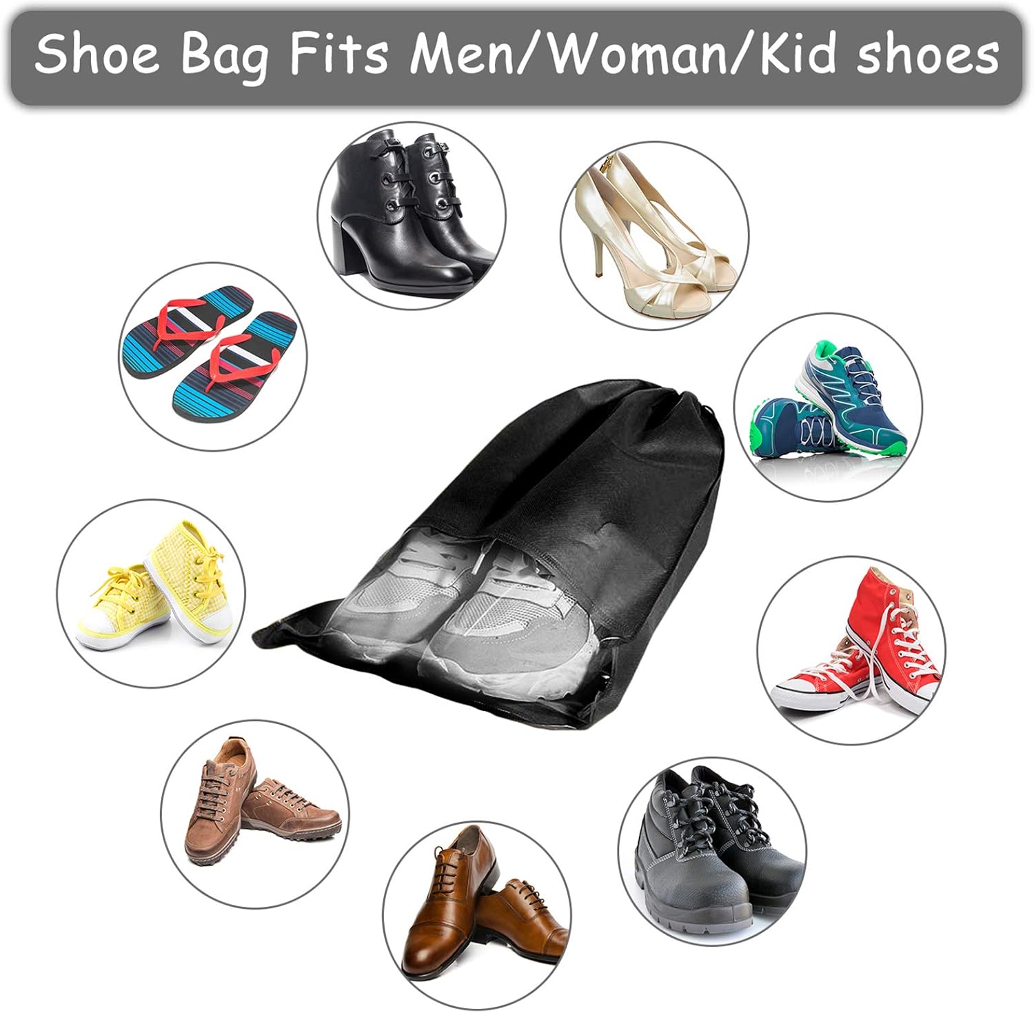 Acehome 10 Pack Large Travel Shoe Bag, Portable Drawstring Shoes Storage Bags Non-Woven Dust Proof Pouch Space Saving Organizer with Transparent Slot for Men Women Daily and Travel Use (Black)-3