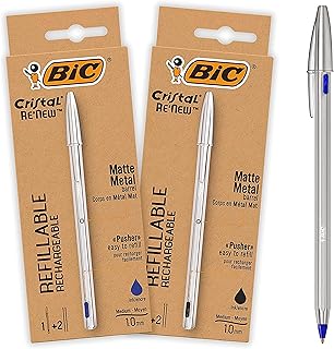 Bic Cristal Re'New, Premium Refillable Ballpoint Pen, in Black and Blue, Pack of 2 Including 2 Refills of Each Colour