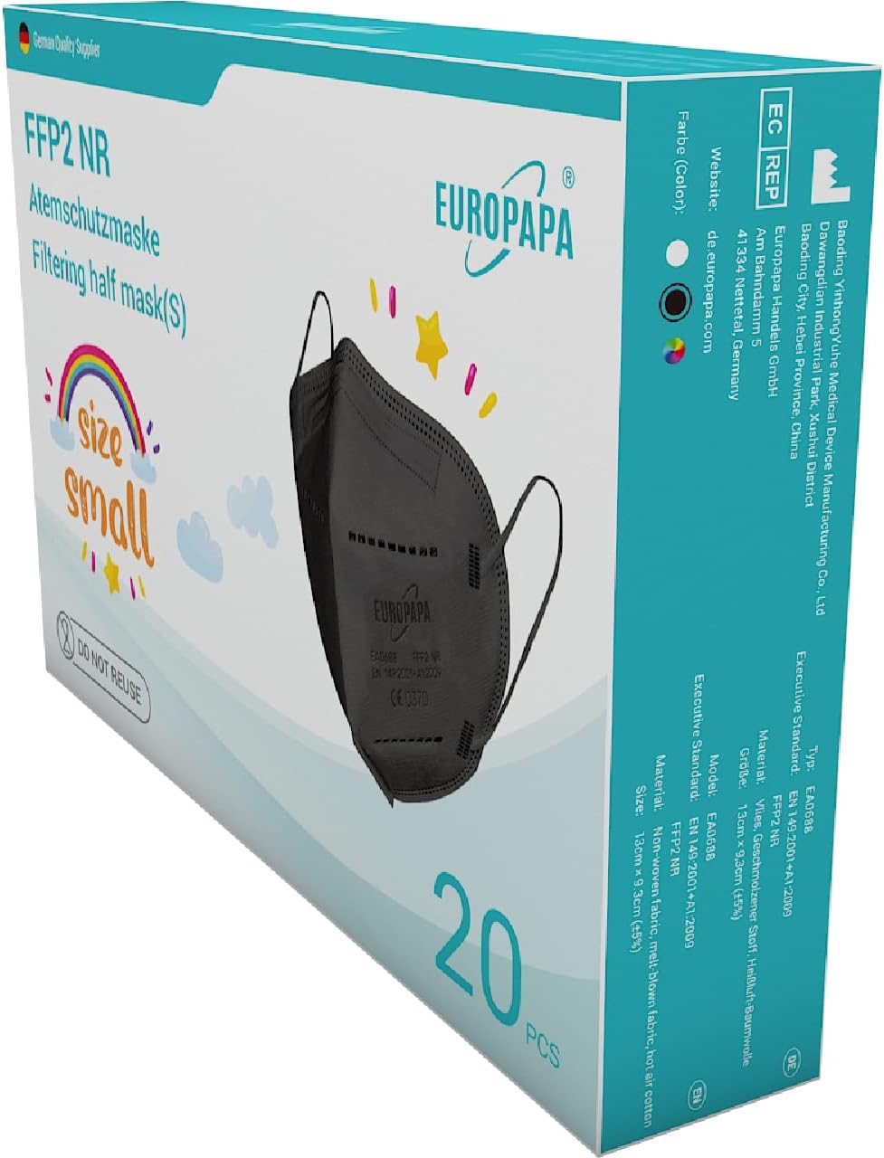 EUROPAPA® 20x FFP2 Mask S In Small Size Masks Respiratory Masks 5-Layer Hygienically Individually Packed EU 2016/425-1