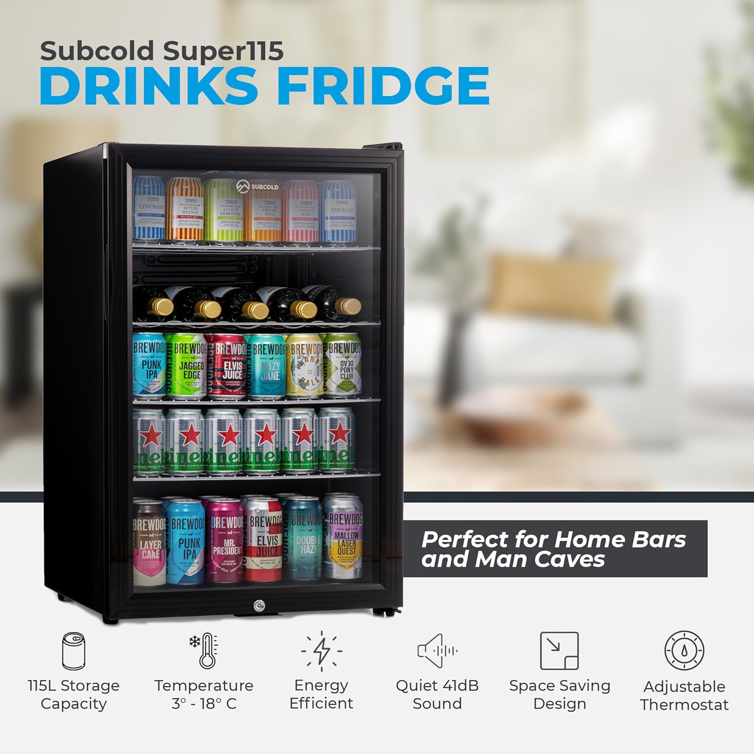 Subcold Super115 LED - Under-Counter Fridge | 115L Beer, Wine & Drinks Fridge | LED Light + Lock and Key | Energy Efficient (Black)-3