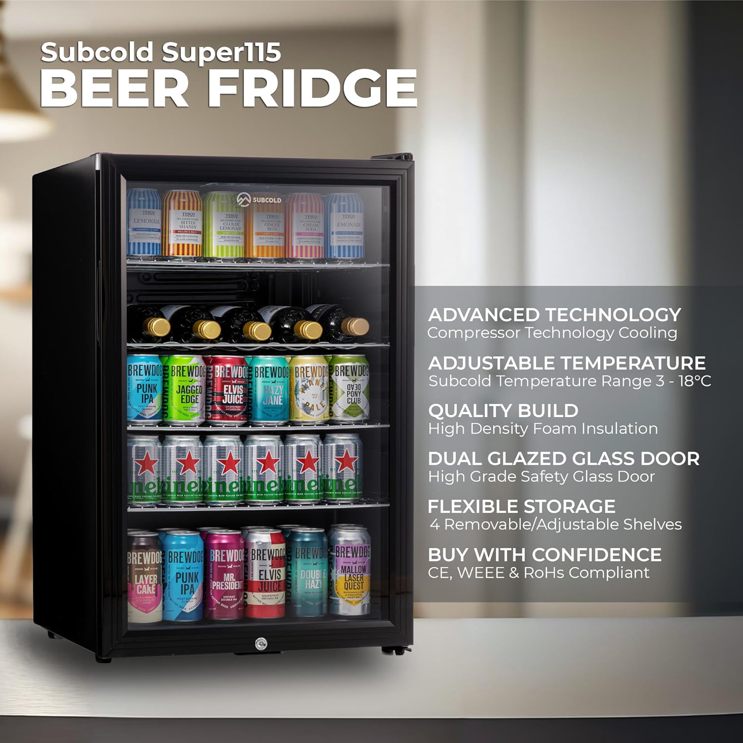 Subcold Super115 LED - Under-Counter Fridge | 115L Beer, Wine & Drinks Fridge | LED Light + Lock and Key | Energy Efficient (Black)-5