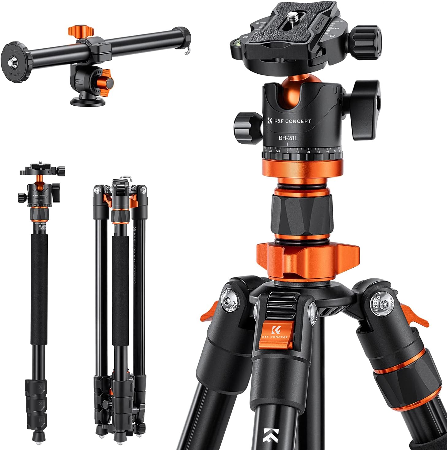 Camera Tripod 79"/200cm, K&F Concept DSLR Tripods Overhead Aluminum Lightweight Tripod Monopod with Ball Head Loading Up to 22lbs/10kg K234A7+BH-28L (Old Model S210) + Extension Arm-0