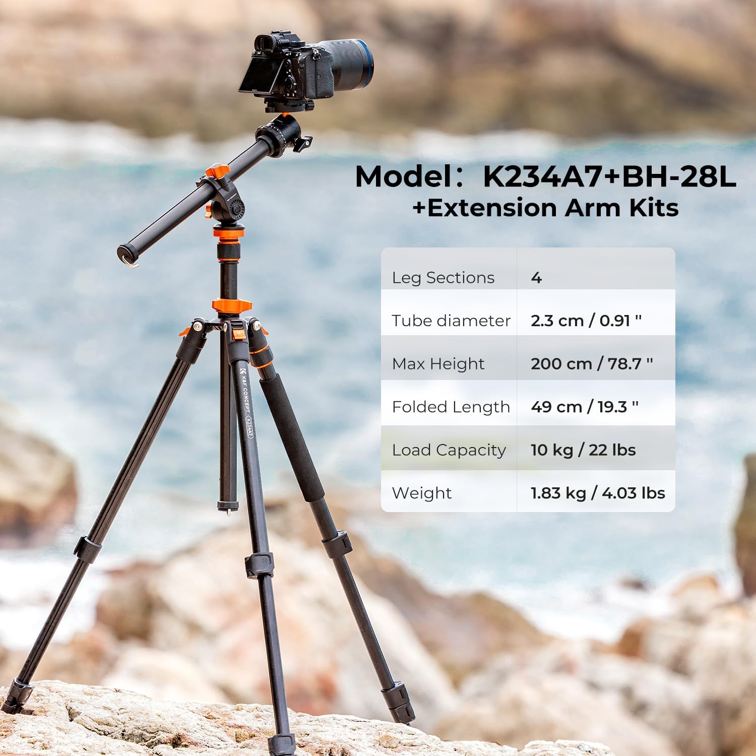 Camera Tripod 79"/200cm, K&F Concept DSLR Tripods Overhead Aluminum Lightweight Tripod Monopod with Ball Head Loading Up to 22lbs/10kg K234A7+BH-28L (Old Model S210) + Extension Arm-1