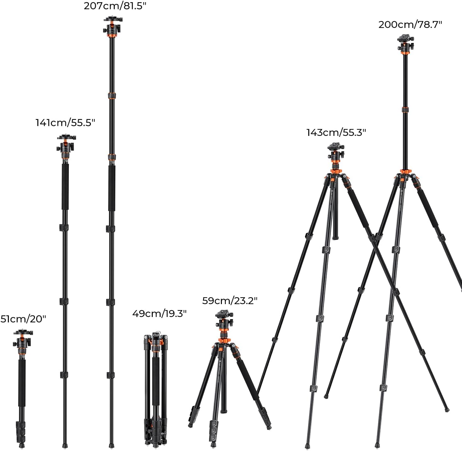 Camera Tripod 79"/200cm, K&F Concept DSLR Tripods Overhead Aluminum Lightweight Tripod Monopod with Ball Head Loading Up to 22lbs/10kg K234A7+BH-28L (Old Model S210) + Extension Arm-5