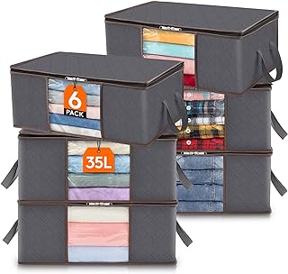 Lifewit 35L Clothes Storage Bag Foldable Storage Boxes with Lids Underbed Wardrobe Storage Organiser with Sturdy Fabric Clear Window for Clothing Bedding Sweaters T-shirts Blankets, 6 Pack, Grey