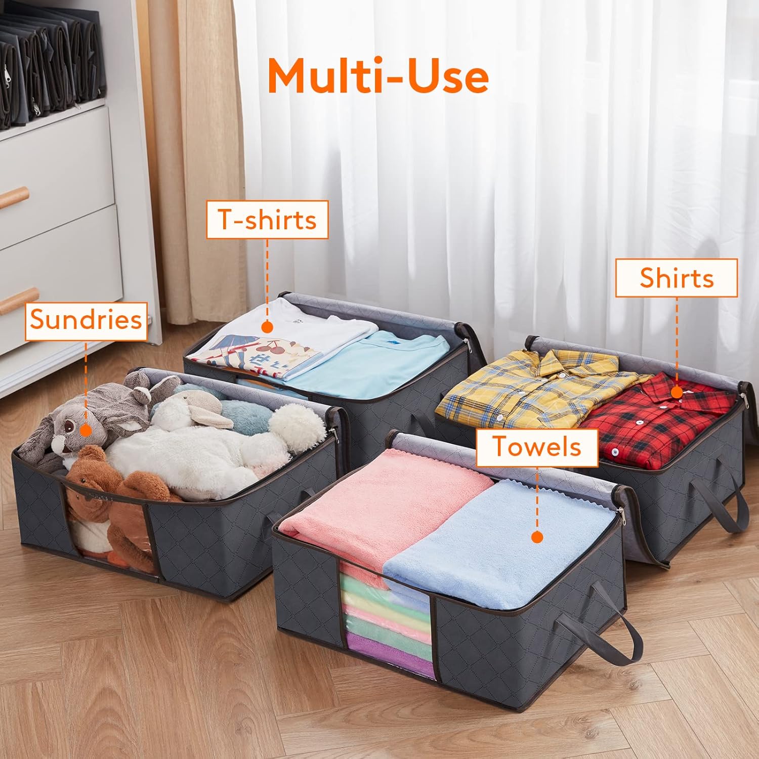 Lifewit 35L Clothes Storage Bag Foldable Storage Boxes with Lids Underbed Wardrobe Storage Organiser with Sturdy Fabric Clear Window for Clothing Bedding Sweaters T-shirts Blankets, 6 Pack, Grey-4