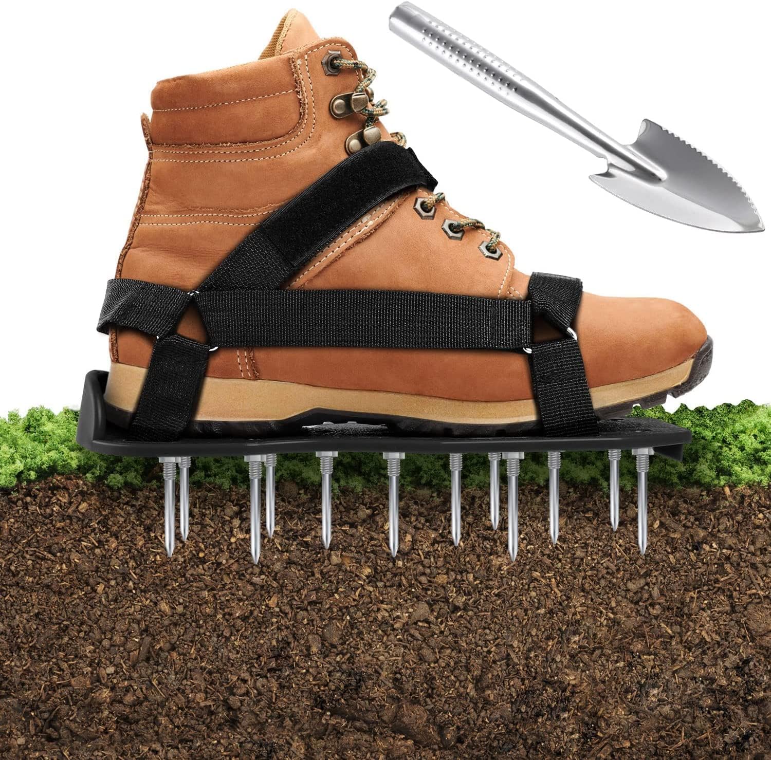 Ohuhu Lawn Aerator Shoes with Stainless Steel Shovel, Free-Installation Aerating Shoes with Hook & Loop Straps, Heavy Duty Spiked Aerating Sandals, One-Size-Fits-All for Yard Patio Garden Grass Lawn-0