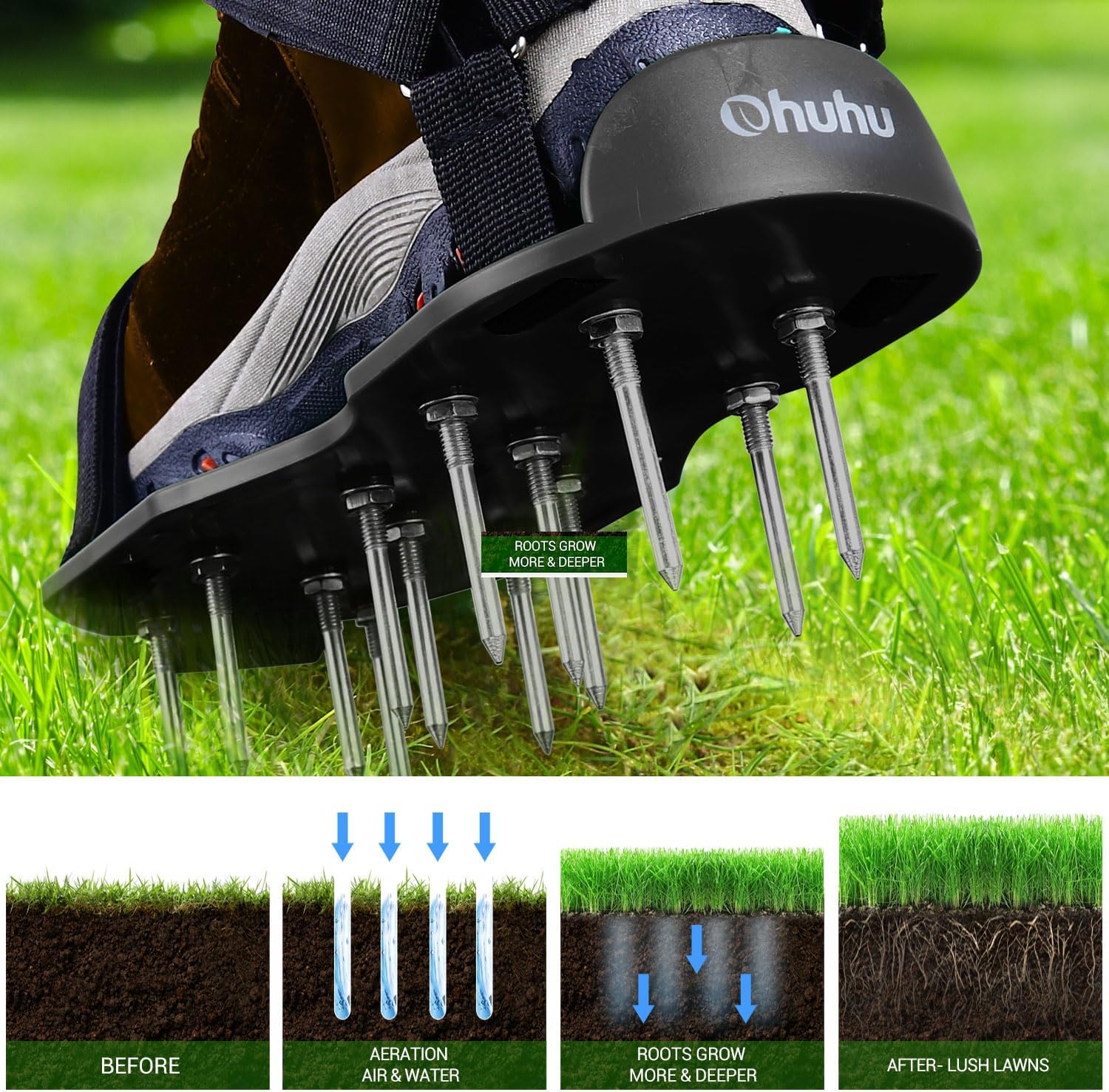 Ohuhu Lawn Aerator Shoes with Stainless Steel Shovel, Free-Installation Aerating Shoes with Hook & Loop Straps, Heavy Duty Spiked Aerating Sandals, One-Size-Fits-All for Yard Patio Garden Grass Lawn-1