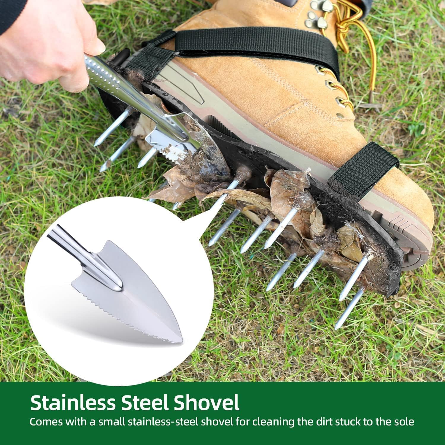 Ohuhu Lawn Aerator Shoes with Stainless Steel Shovel, Free-Installation Aerating Shoes with Hook & Loop Straps, Heavy Duty Spiked Aerating Sandals, One-Size-Fits-All for Yard Patio Garden Grass Lawn-4