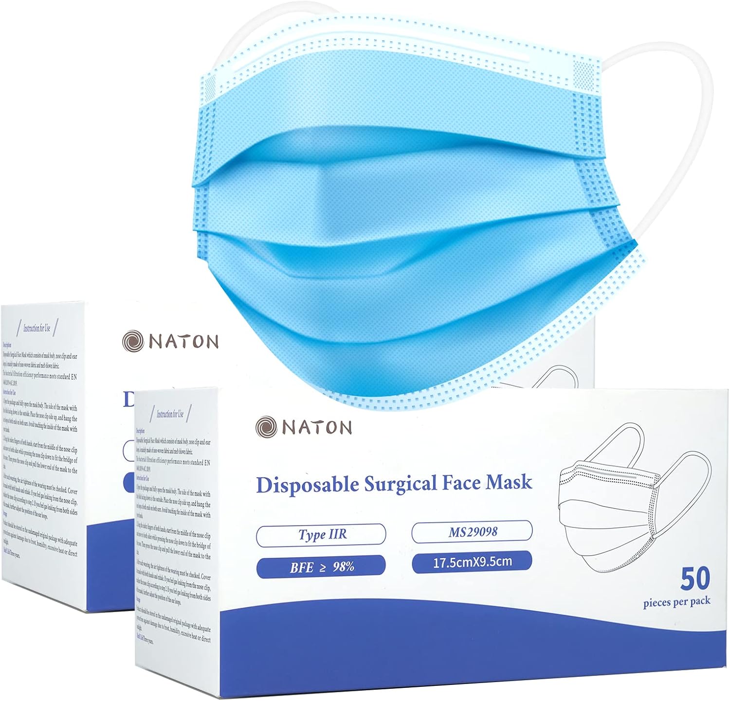 NATON 50Pack Surgical Masks,3 Layer Disposable Face Masks|Mask with Elastic Ear Loops (Blue)-0