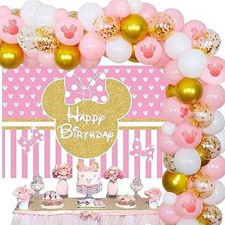 JOYMEMO Cartoon Maus Themed Ballon Girlande Arch Kit Rosa Gold Cartoon Maus Foto Hintergrund f¨¹r M?dchen Geburtstag Party Dekorationen