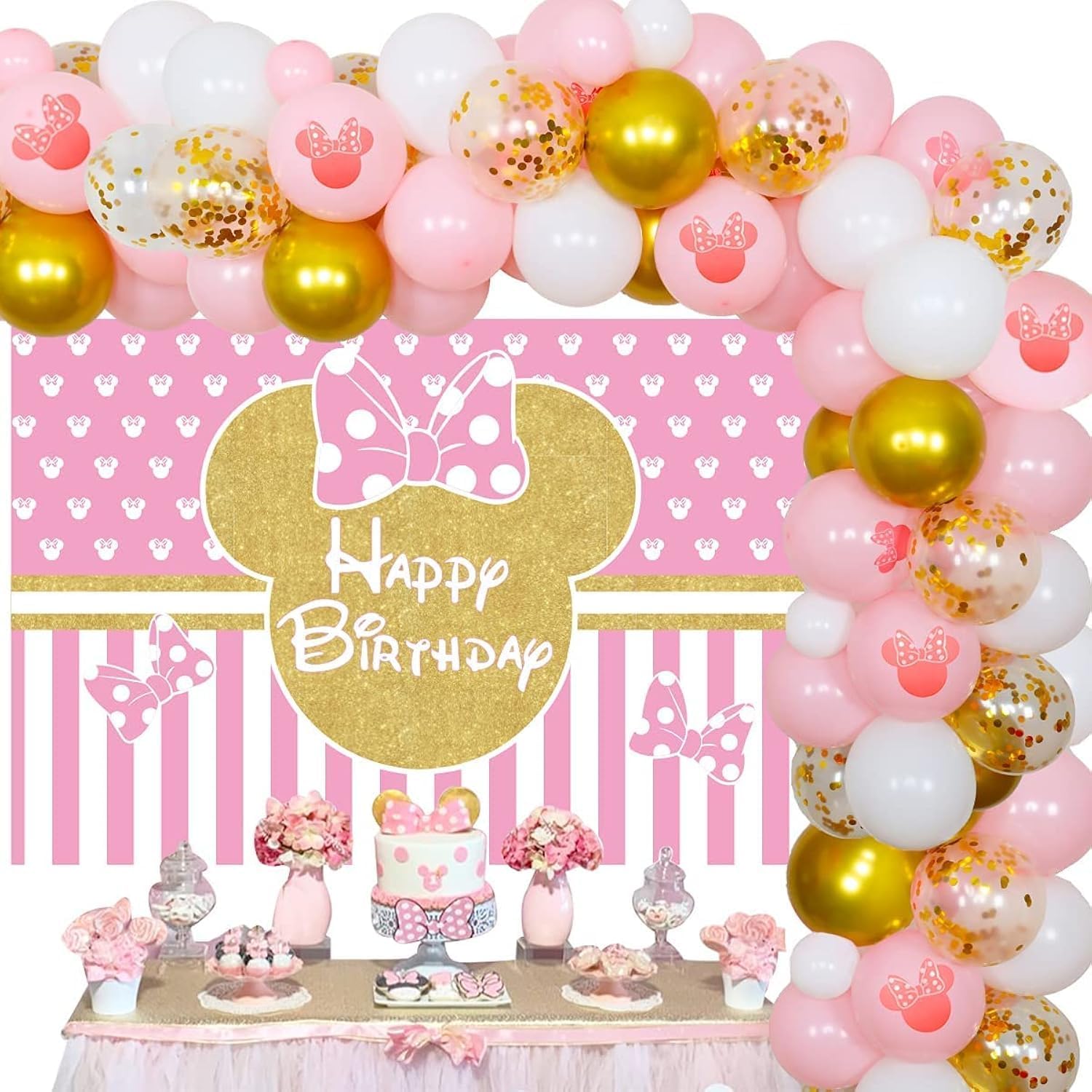 JOYMEMO Cartoon Maus Themed Ballon Girlande Arch Kit Rosa Gold Cartoon Maus Foto Hintergrund f¨¹r M?dchen Geburtstag Party Dekorationen-0