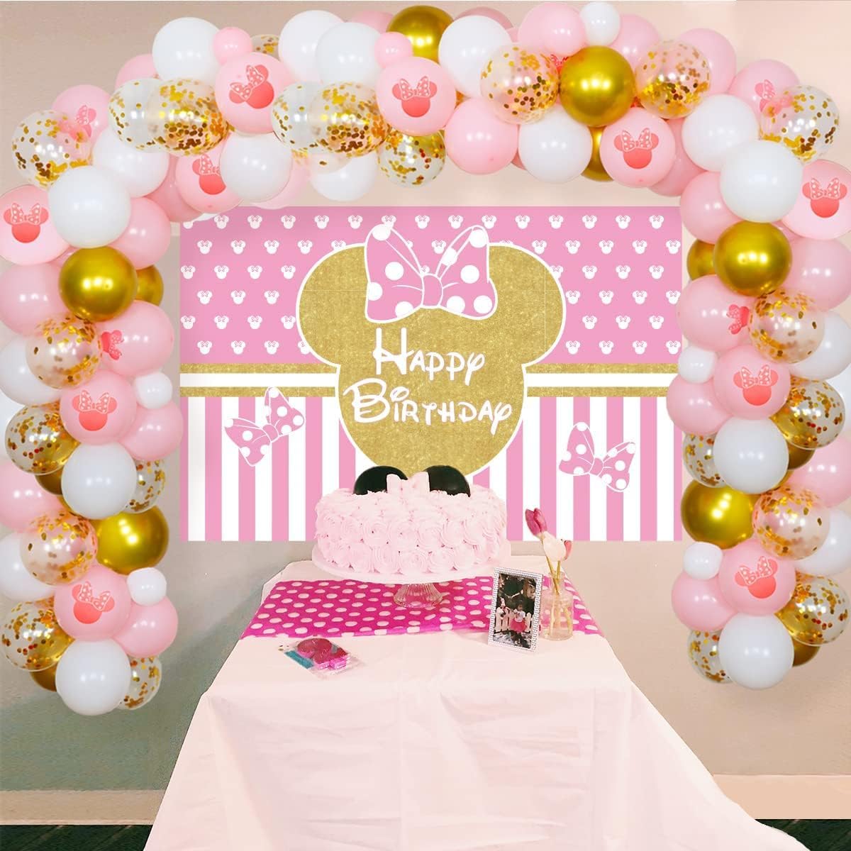 JOYMEMO Cartoon Maus Themed Ballon Girlande Arch Kit Rosa Gold Cartoon Maus Foto Hintergrund f¨¹r M?dchen Geburtstag Party Dekorationen-3