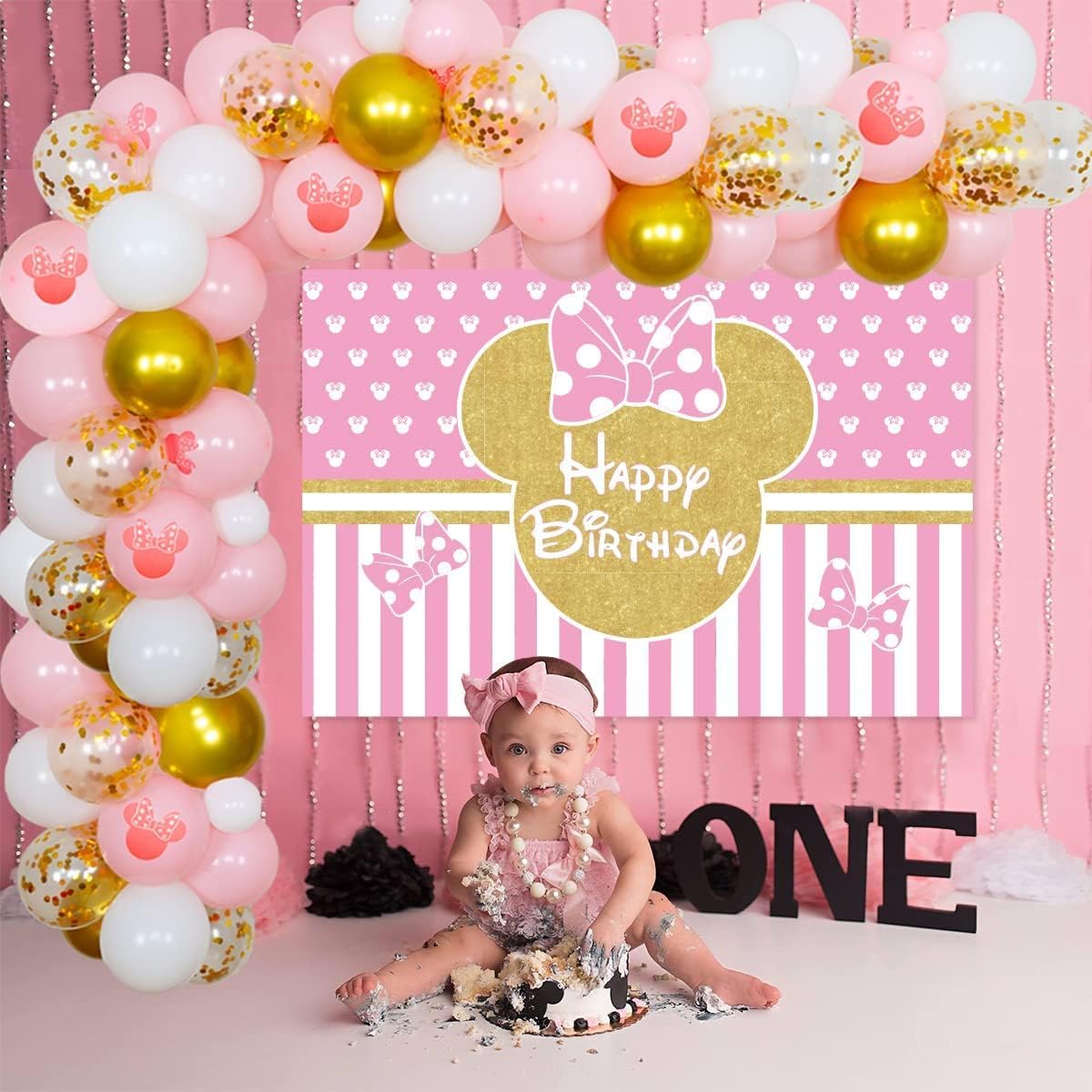 JOYMEMO Cartoon Maus Themed Ballon Girlande Arch Kit Rosa Gold Cartoon Maus Foto Hintergrund f¨¹r M?dchen Geburtstag Party Dekorationen-5