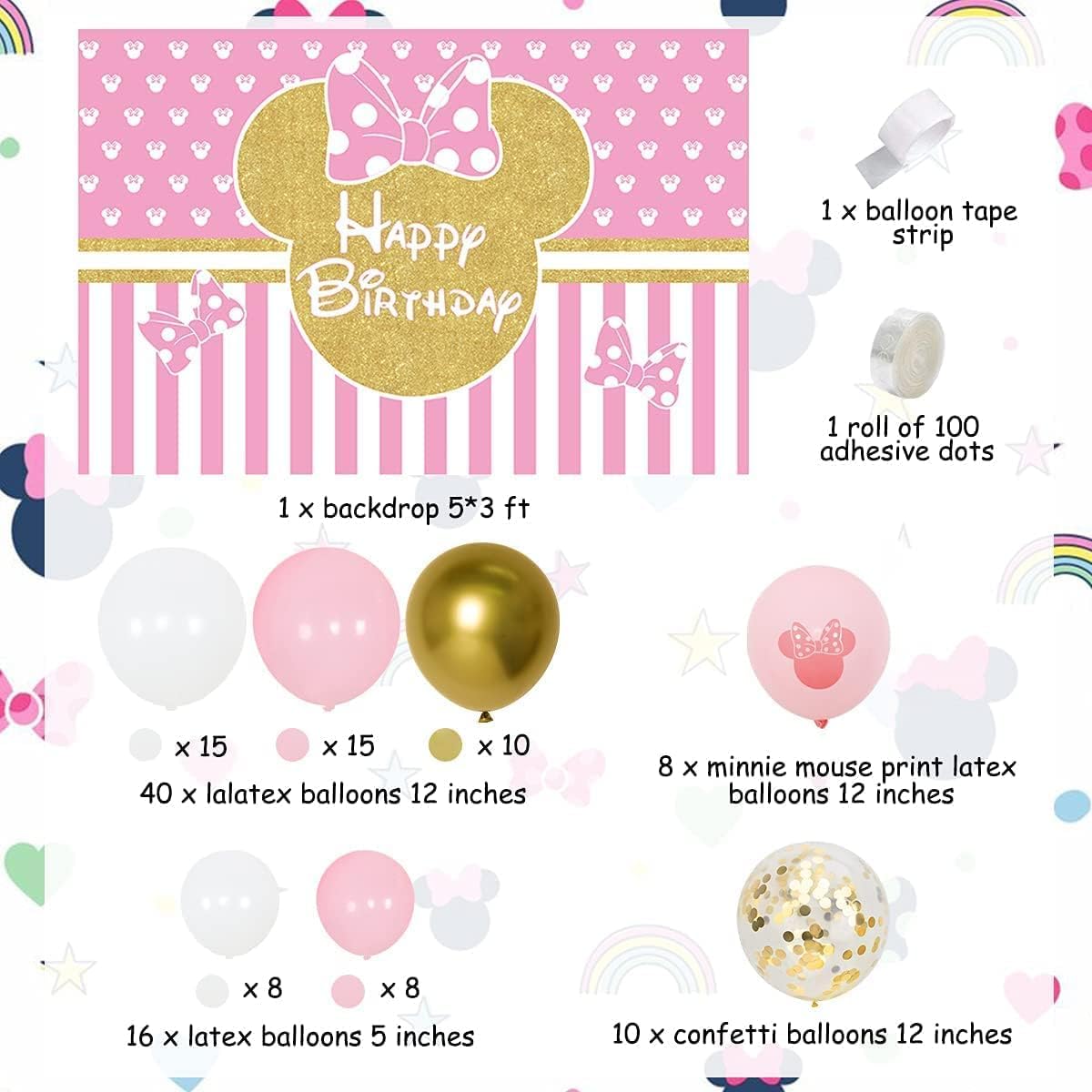 JOYMEMO Cartoon Maus Themed Ballon Girlande Arch Kit Rosa Gold Cartoon Maus Foto Hintergrund f¨¹r M?dchen Geburtstag Party Dekorationen-6