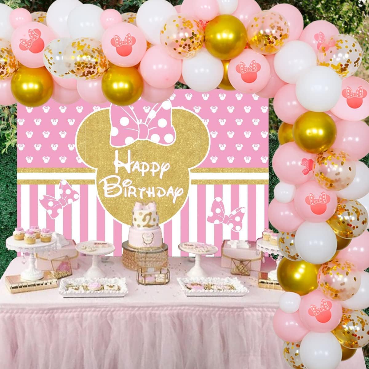 JOYMEMO Cartoon Maus Themed Ballon Girlande Arch Kit Rosa Gold Cartoon Maus Foto Hintergrund f¨¹r M?dchen Geburtstag Party Dekorationen-7