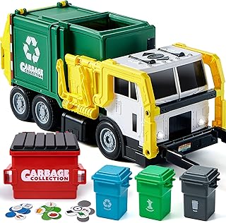 JOYIN Garbage Truck Toys for 3 4 5 6 7 Years Old, Bin Lorry Toy, Boys Toys Age 3+,Rubbish Truck Toy,Large Trash Truck with Lights and Sounds, Trash Bins with Trash Cards, Birthday Gifts