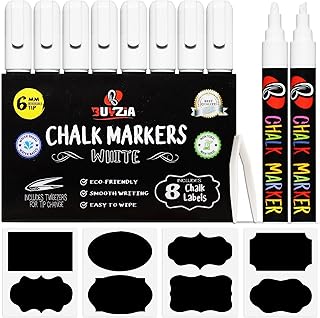 BUYZIA Liquid Chalk Markers - 8 Pack White Chalk Pens, 6mm Reversible Nib - Chalkboard Pens for Blackboards, Windows, Glass, Signs & Art - Wet Wipe Erasable