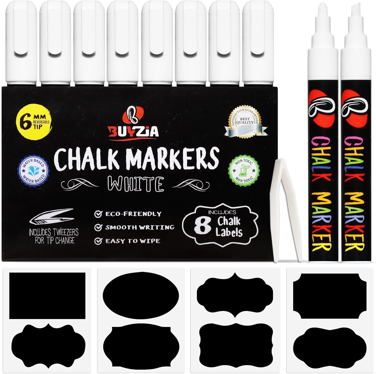 BUYZIA Liquid Chalk Markers - 8 Pack White Chalk Pens, 6mm Reversible Nib - Chalkboard Pens for Blackboards, Windows, Glass, Signs & Art - Wet Wipe Erasable-0