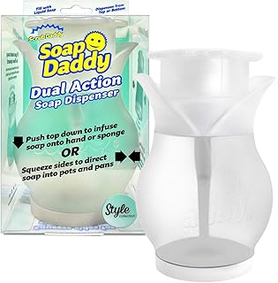 Scrub Daddy Soap Dispenser, Soap Daddy Dual Action Washing Up Liquid Detergent Dispenser for Dishes, Refillable Kitchen & Bathroom Sink Dispensers, Push Down Pump Dispenser Bottle, White Flower Design