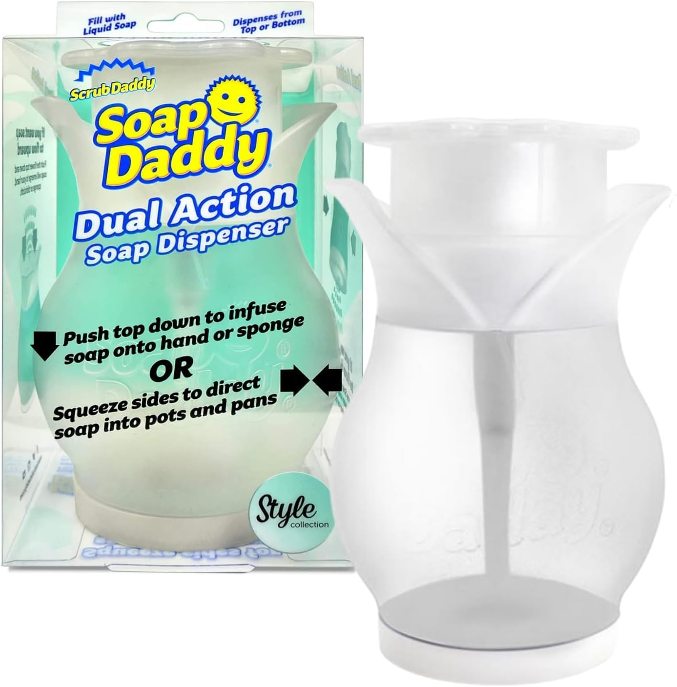 Scrub Daddy Soap Dispenser, Soap Daddy Dual Action Washing Up Liquid Detergent Dispenser for Dishes, Refillable Kitchen & Bathroom Sink Dispensers, Push Down Pump Dispenser Bottle, White Flower Design-0