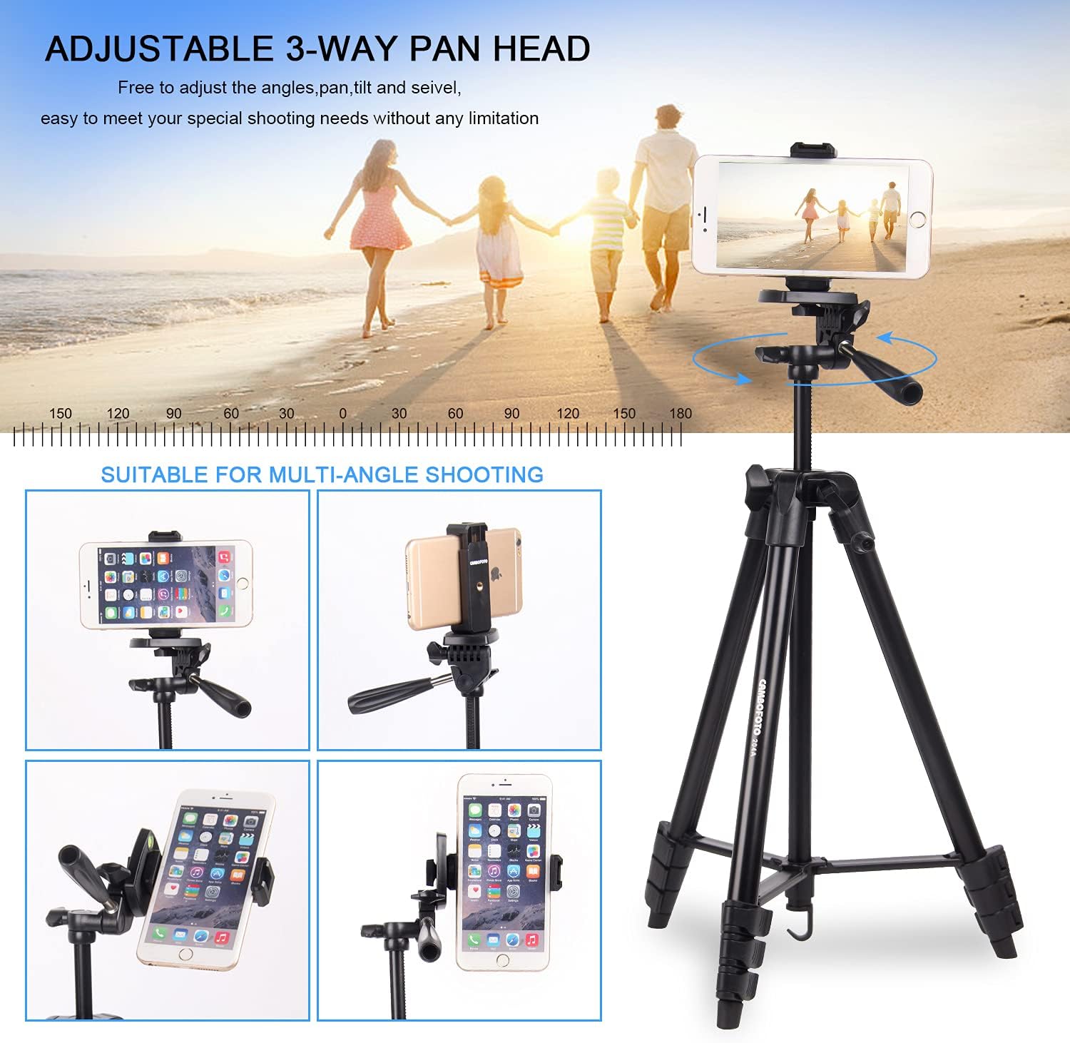 CAMBOFOTO Portable Tripod for Live Stream134cm/52.75in Aluminum Lightweight Tripod with Phone Holder for Camera and for iPhone and Other Android Smartphones …-2