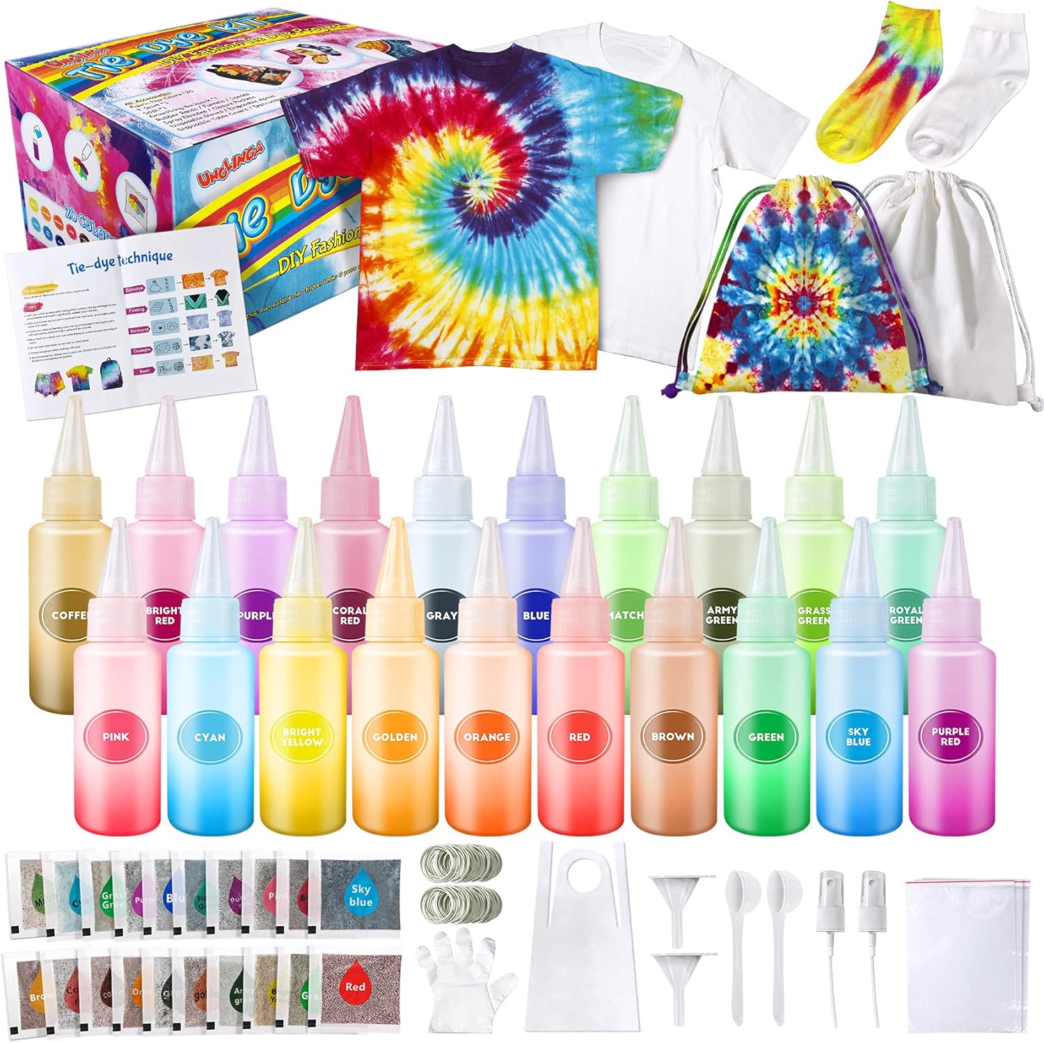 UNGLINGA Tie Dye Kit Kids & Adults, 20 Colors Tie Dye Art Craft for Kids Girls Boys Adults, with White T-shirt Socks Backpack Table Cloth Apron, DIY for Group Activity Birthday Gifts-0