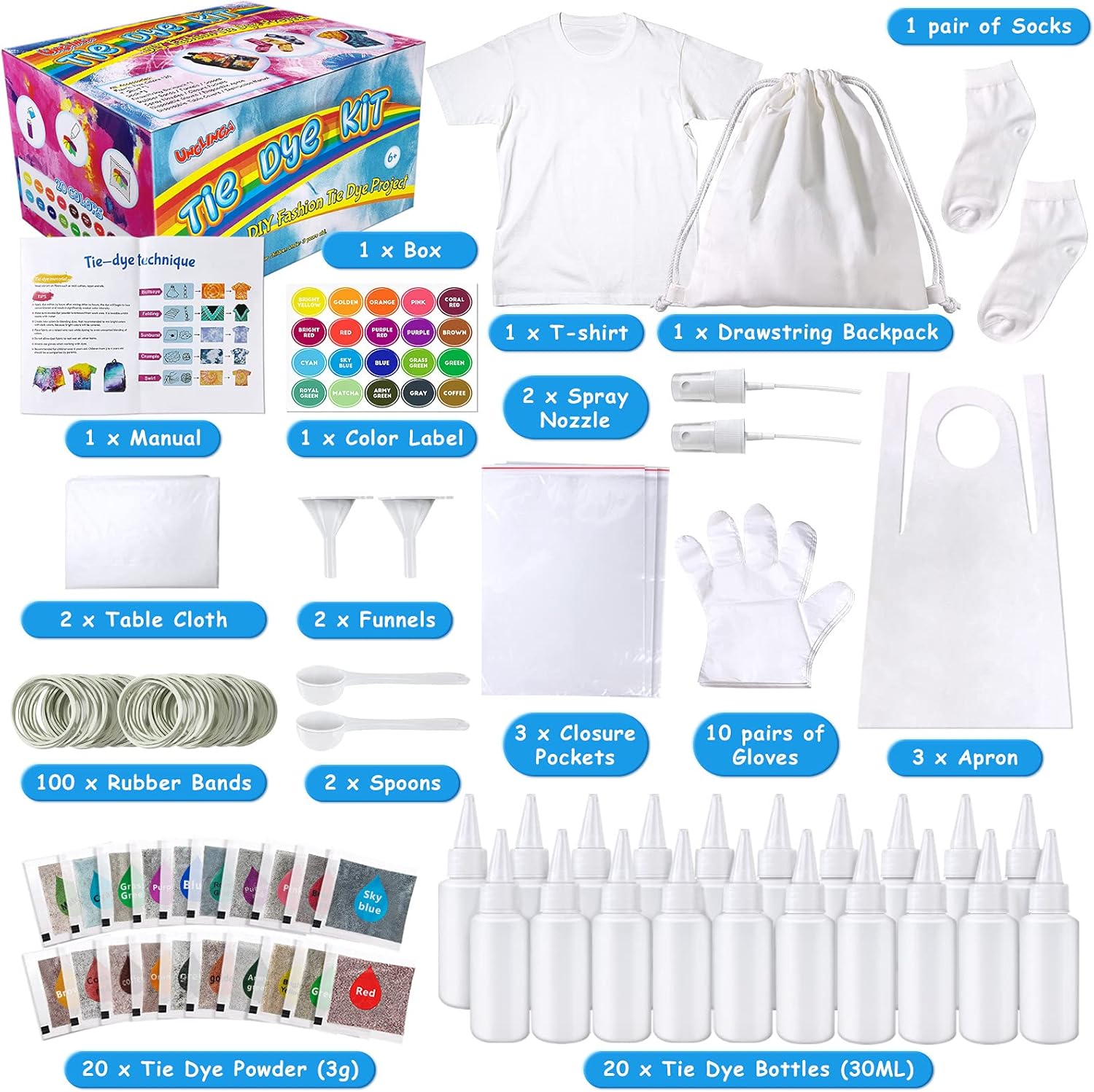 UNGLINGA Tie Dye Kit Kids & Adults, 20 Colors Tie Dye Art Craft for Kids Girls Boys Adults, with White T-shirt Socks Backpack Table Cloth Apron, DIY for Group Activity Birthday Gifts-1