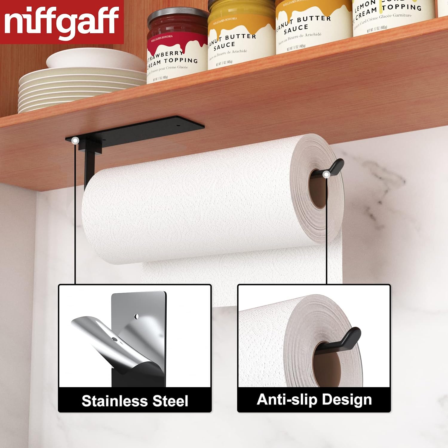 Black Kitchen Roll Holder Under Cabinet,Stainless Steel Paper Towel Holder for Kitchen Self-Adhesive Wall Mounted Paper Towel Rack, Suitable for Pantry, Kitchen,Bathroom-1