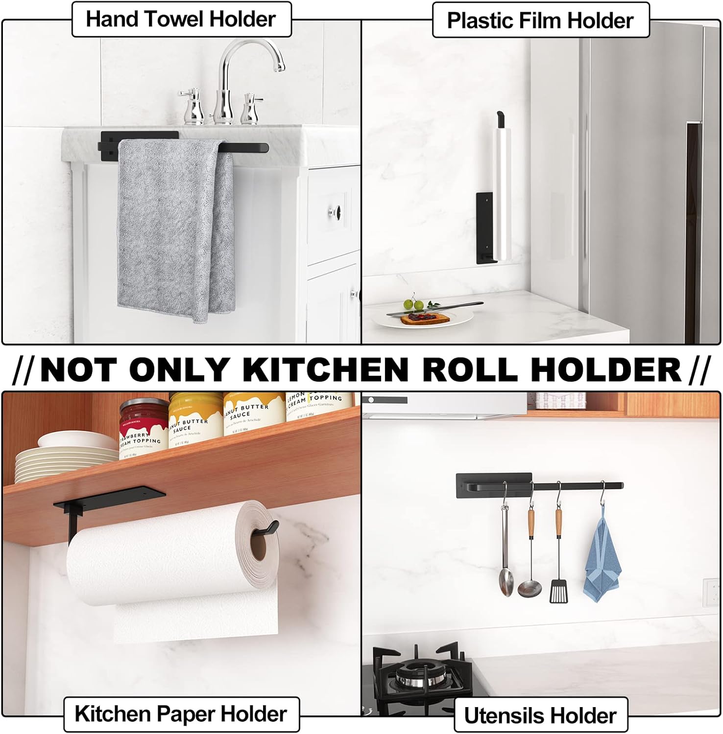 Black Kitchen Roll Holder Under Cabinet,Stainless Steel Paper Towel Holder for Kitchen Self-Adhesive Wall Mounted Paper Towel Rack, Suitable for Pantry, Kitchen,Bathroom-3