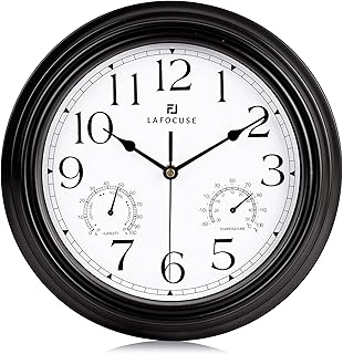 Lafocuse Black Wall Clock with Temperature and Humidity, Silent Non Ticking Kitchen Wall Clock for Living Room Garage 12 Inch Bedroom Office-Version 2.0