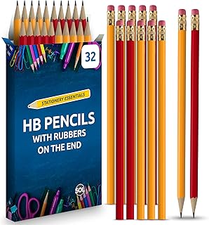 SOL 32pk HB Pencils With Rubbers On The End | HB Pencil Pack with Erasers | Writing Pencils for Children I Kids Pencils for School Supplies I School Pencils for Party Bag | Pack of Pencils Sticker