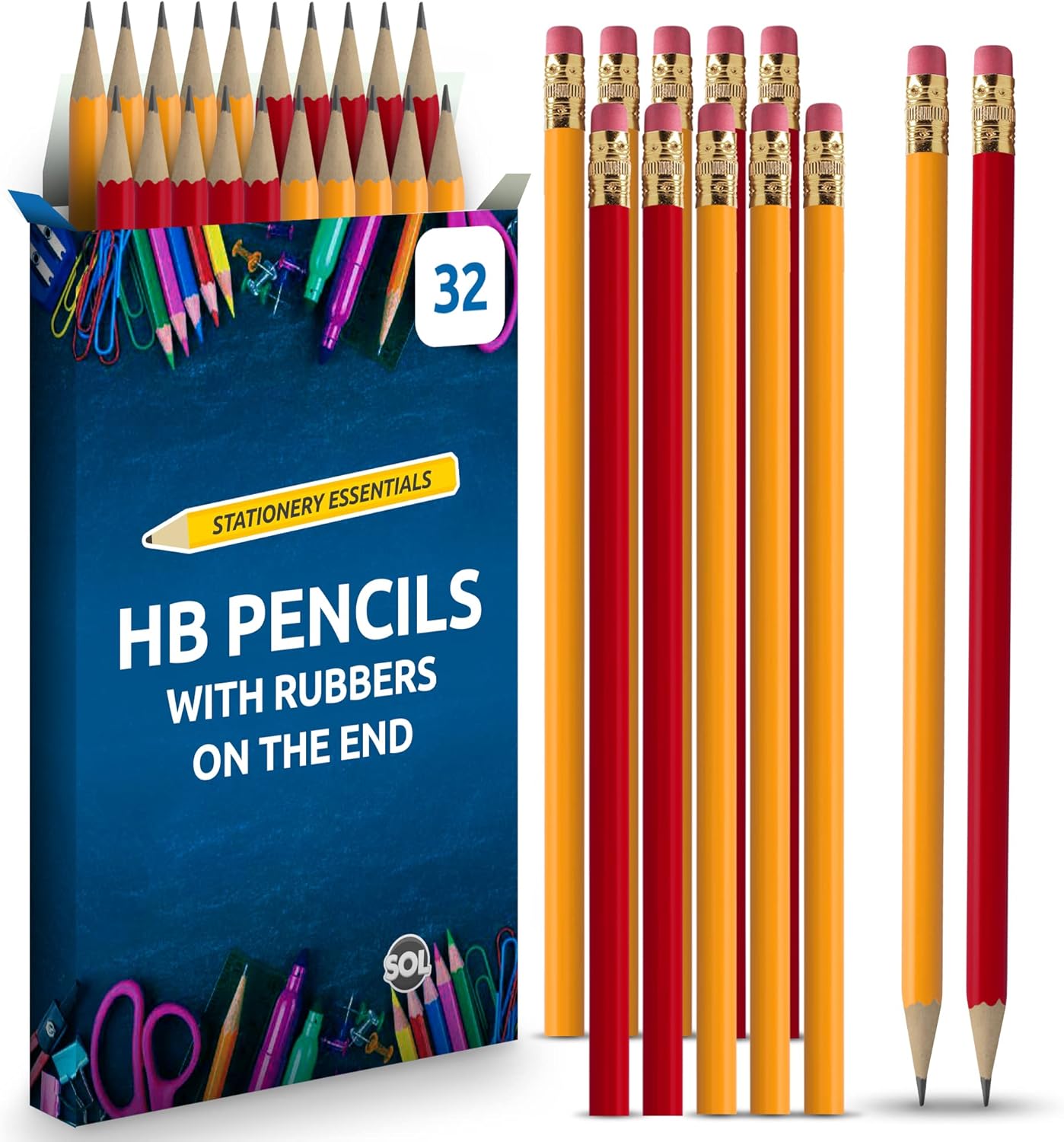 SOL 32pk HB Pencils With Rubbers On The End | HB Pencil Pack with Erasers | Writing Pencils for Children I Kids Pencils for School Supplies I School Pencils for Party Bag | Pack of Pencils Sticker-0