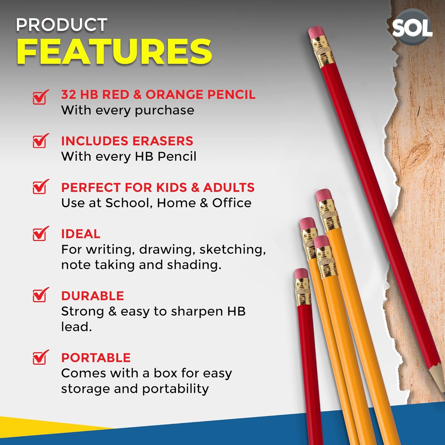 SOL 32pk HB Pencils With Rubbers On The End | HB Pencil Pack with Erasers | Writing Pencils for Children I Kids Pencils for School Supplies I School Pencils for Party Bag | Pack of Pencils Sticker-1