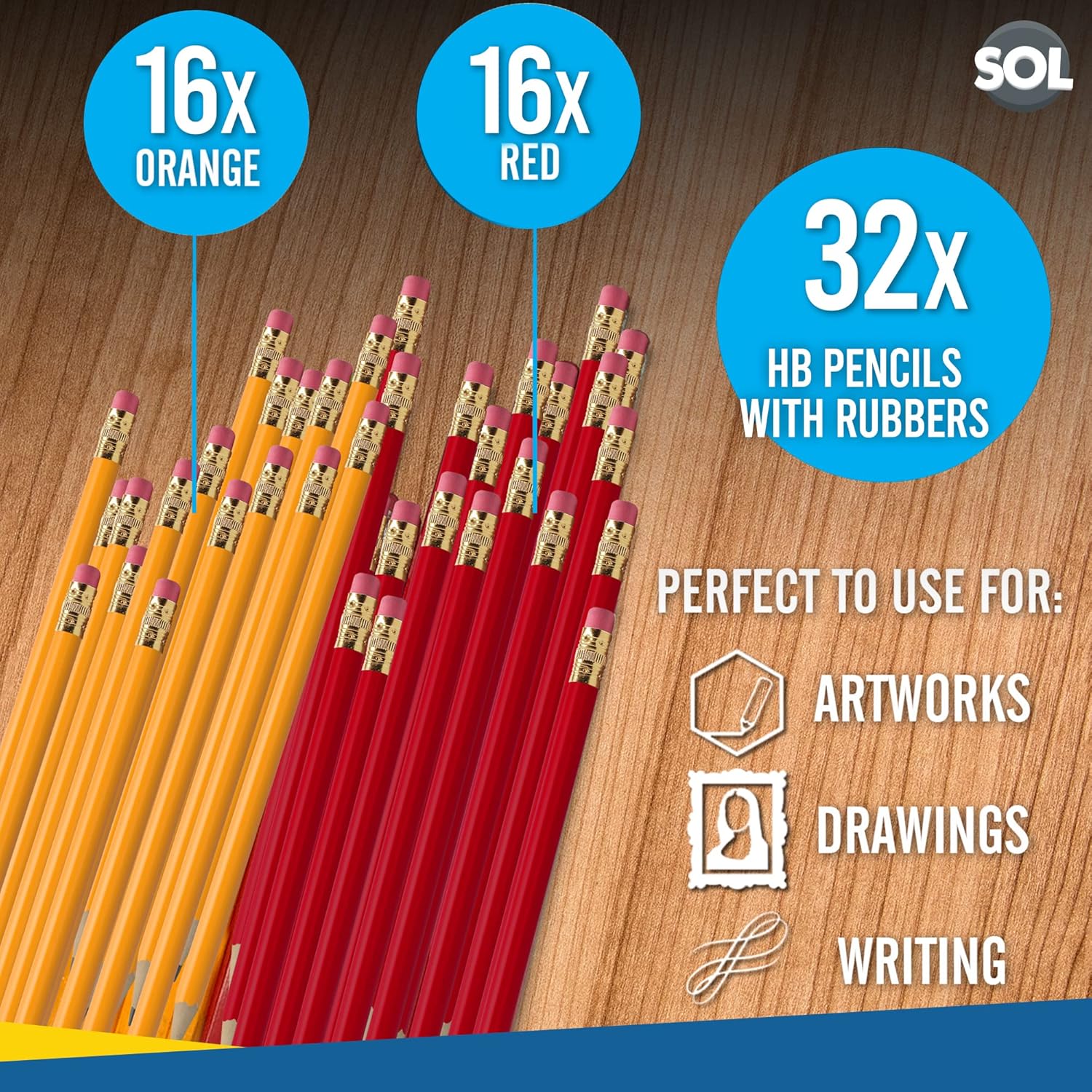 SOL 32pk HB Pencils With Rubbers On The End | HB Pencil Pack with Erasers | Writing Pencils for Children I Kids Pencils for School Supplies I School Pencils for Party Bag | Pack of Pencils Sticker-3