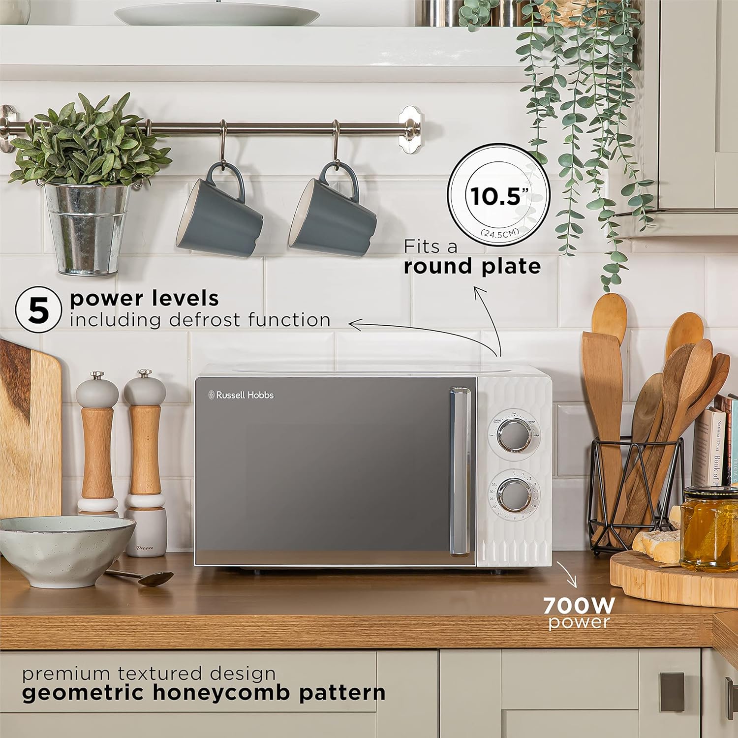 Russell Hobbs Honeycomb RHMM715 17 Litre 700W White Solo Manual Microwave with 5 Power Levels, Integrated Timer and Defrost Function (White)-1