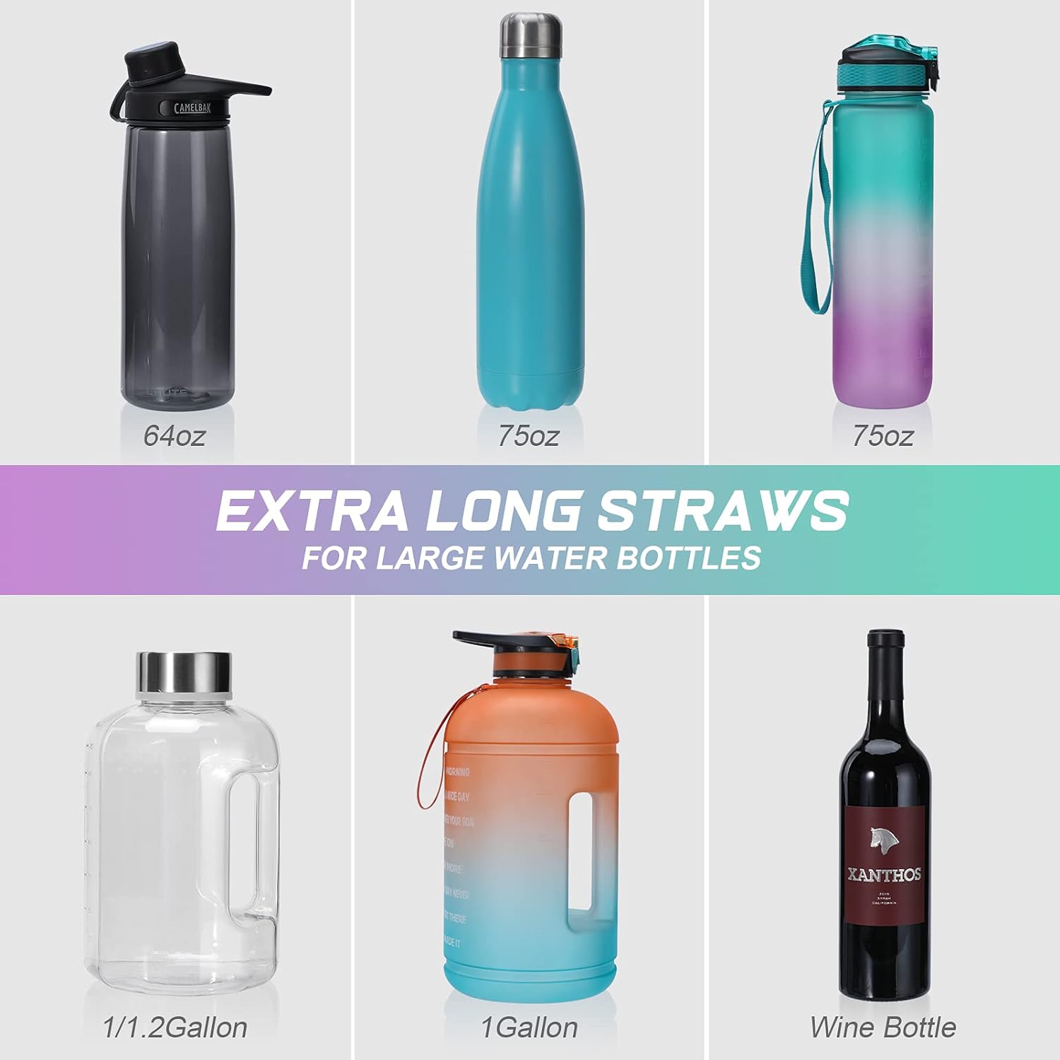 12 Pack Extra Long 14.5 inch Reusable Silicone Straws for Stanley 40 oz Tumbler 1 Gallon 128 75 64 OZ Tumbler, Large Water Bottle -Wine Bottle - Flexible Drinking Straws with 2 Cleaning Brushes-3