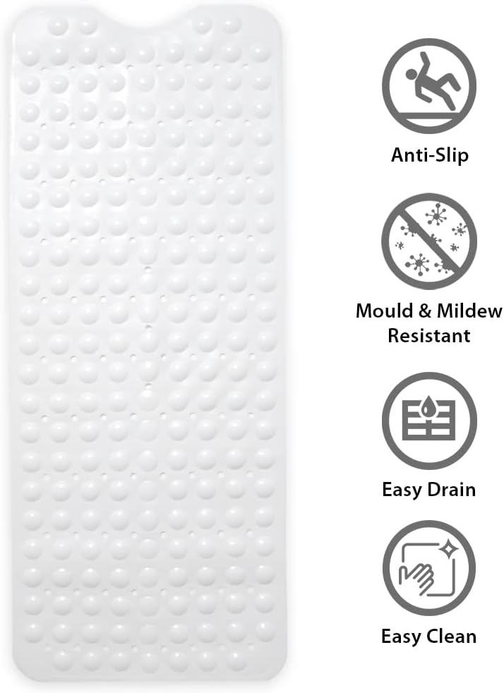 ANSIO® Long Bathtub Mat PVC Non-Slip Anti Mould Shower Mat with Drain Holes & Suction Cups Machine Washable 100 x 40cm / 39 x 16 inches - Solid White-1