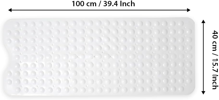 ANSIO® Long Bathtub Mat PVC Non-Slip Anti Mould Shower Mat with Drain Holes & Suction Cups Machine Washable 100 x 40cm / 39 x 16 inches - Solid White-2