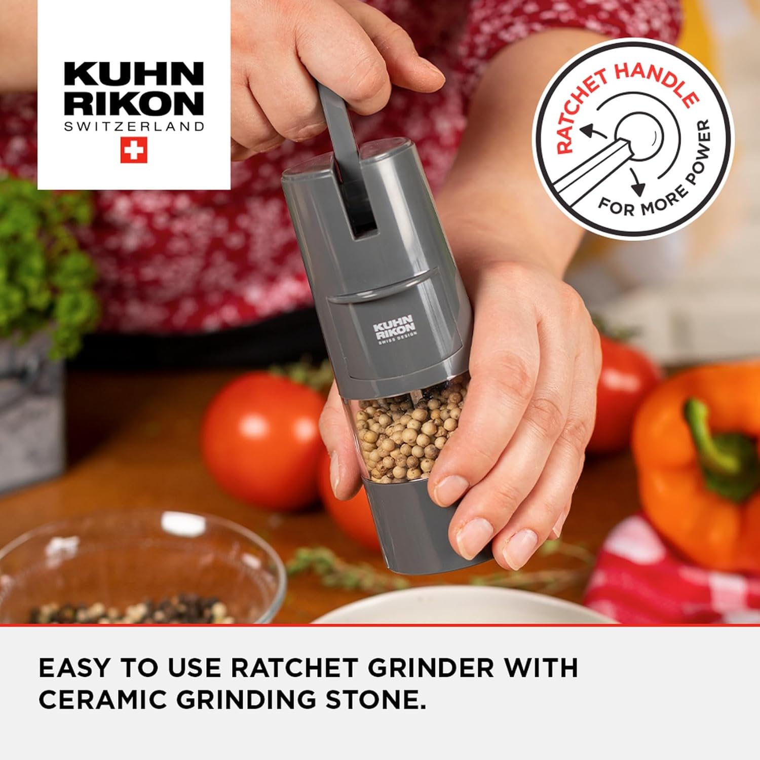 Kuhn Rikon Ratchet Grinder for Salt, Black Peppercorns or Spices. Salt Mill (Coarse - Fine). Spice Grinder. Black Pepper Grinder Mill. Salt Grinder – 3 Year Kuhn Rikon Kitchen Accessories Guarantee-1