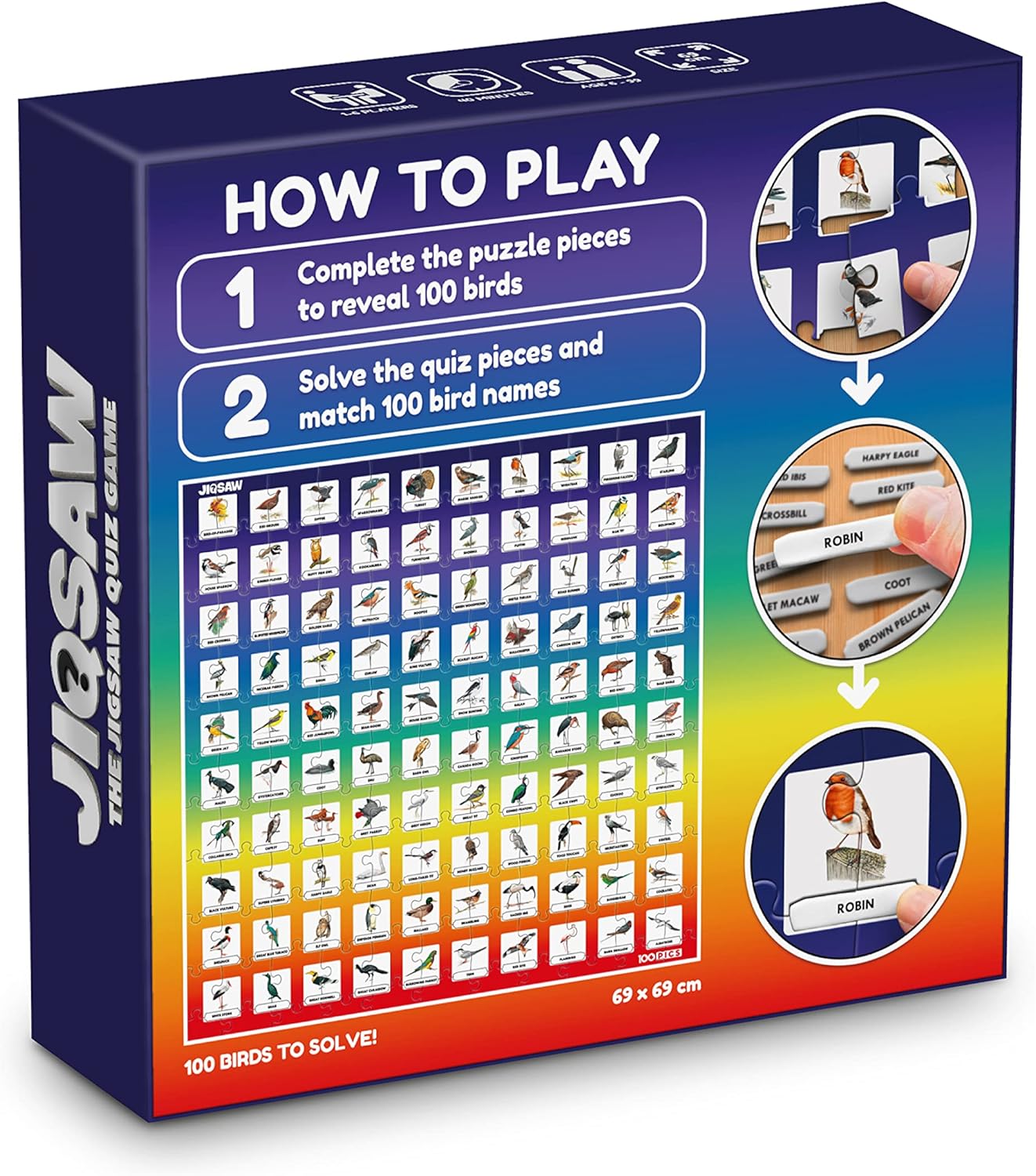 100 PICS Birds Jigsaw Quiz | Family Puzzle + Fun Quiz | 1-8 Players | Large Table Game | 45 Minutes Playing Time-8