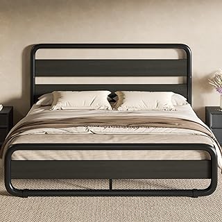 SHA CERLIN Full Size Metal Bed Frame with Wooden Headboard and Footboard, Heavy Duty Oval-Shaped Platform Bed Frame with 10" Under-Bed Storage, Noise Free, No Box Spring Needed, Black