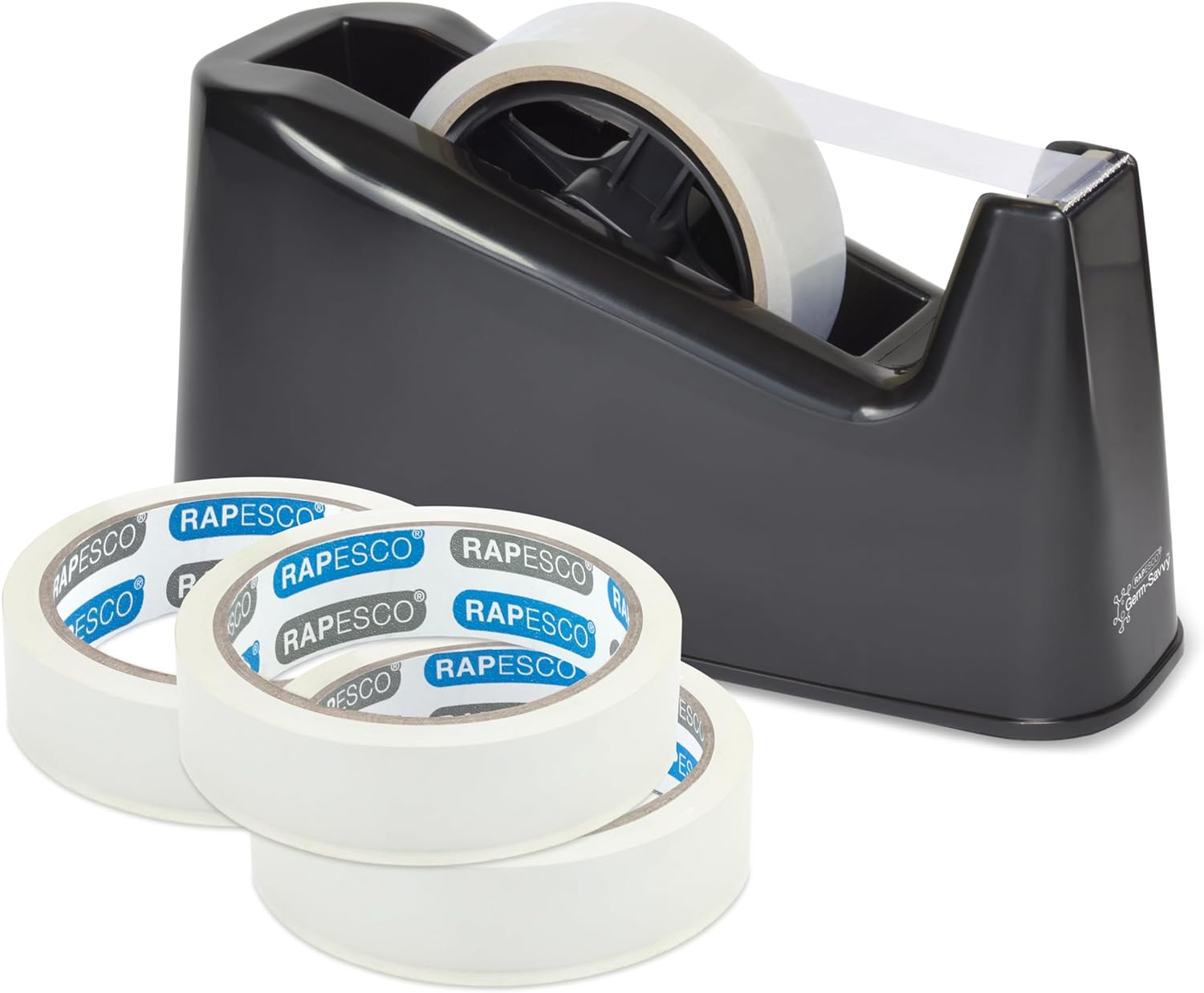 Rapesco 1639 Germ-Savvy Antibacterial, 500 Heavy Duty Tape Dispenser with 4 Rolls of Tape, Black-0