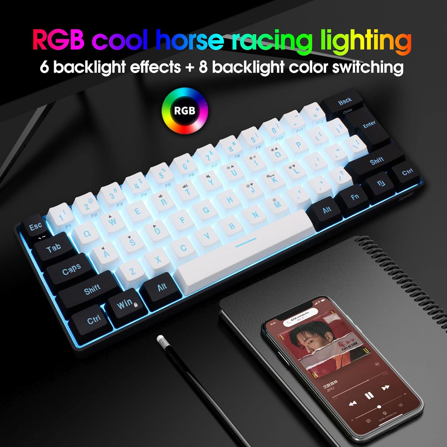 Snpurdiri 60% Wired Gaming Keyboard, RGB Backlit,Ultra-Compact Mini Keyboard with Detachable Cable,Black and White Color-3